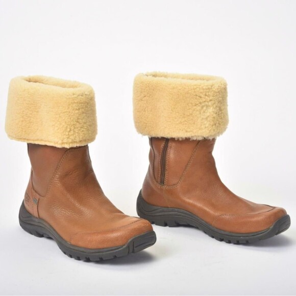 Uggs Brown Leather Ankle Shearling Cuff Bootie Size US 8  / EUR 39 - Picture 4 of 6